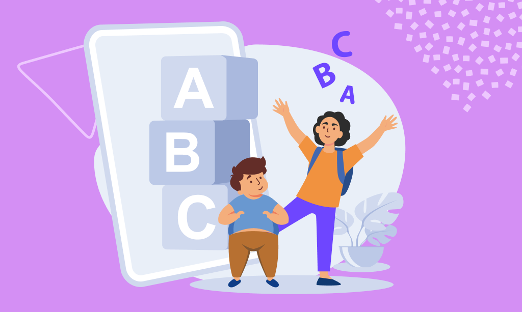 Junge Schüler mit den Buchstaben A, B, C auf Englisch, Konzept zum Erlernen des englischen Alphabets